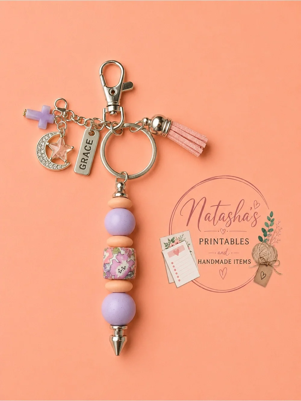 Personalized Charm Keychain with Lavender & Peach Beads